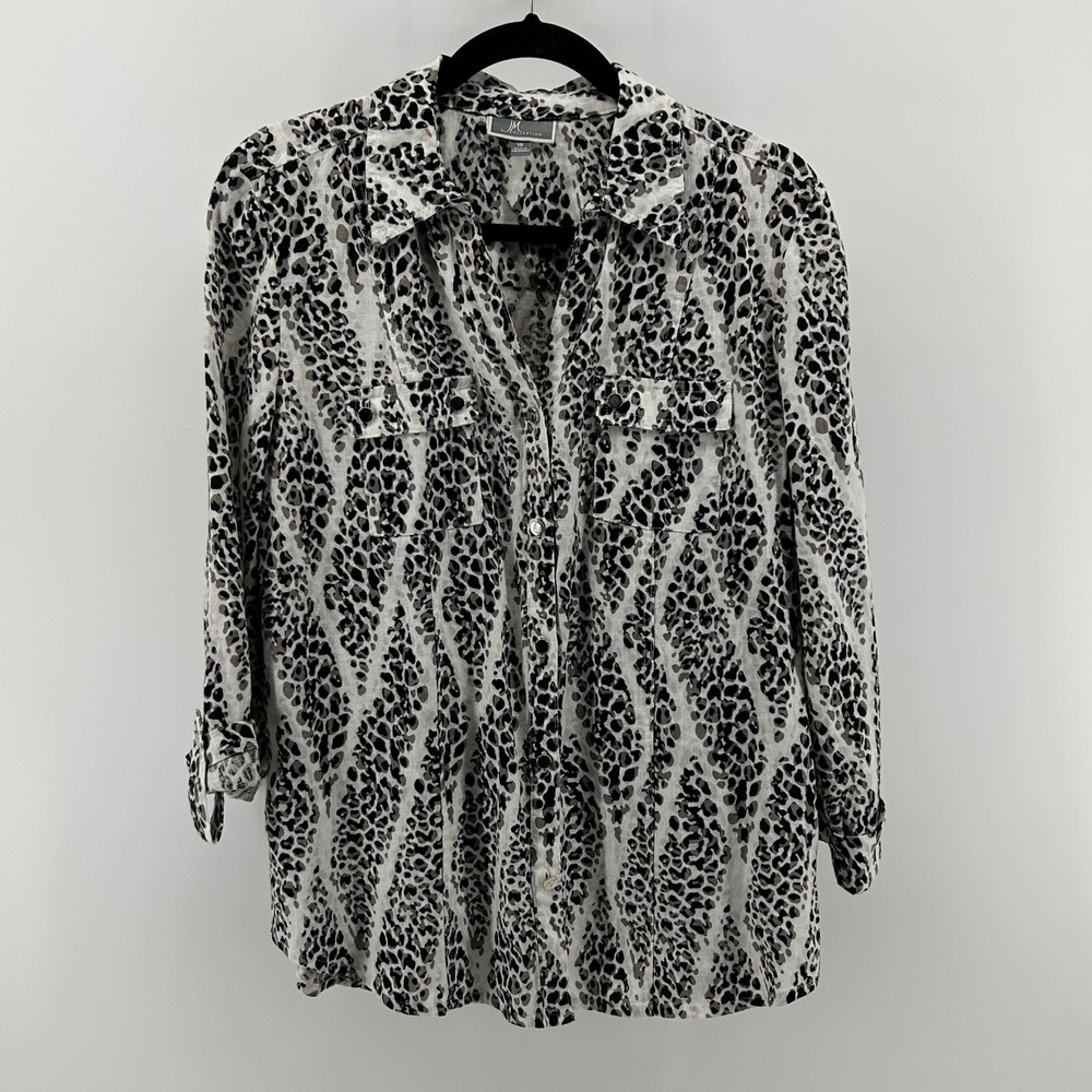 JM Collection 100% Linen Leopard Button Down Shirt Gray Black 10 Neutral Office